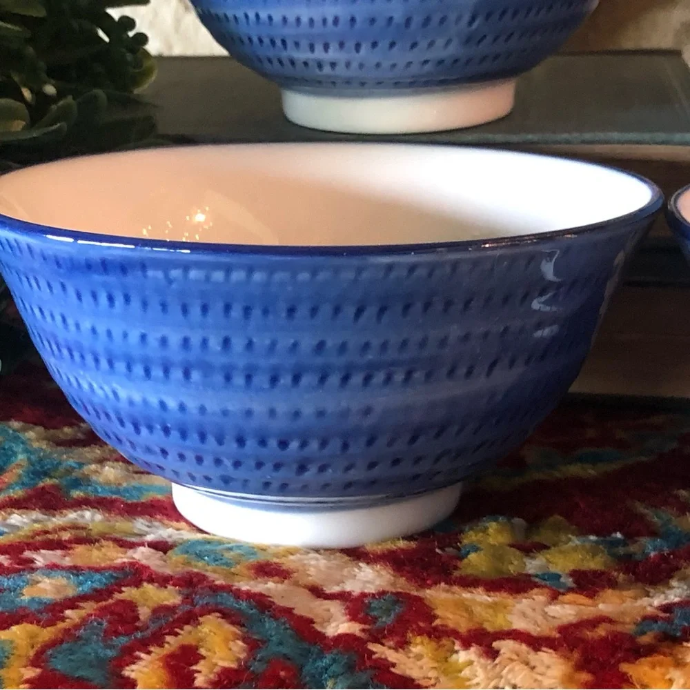 Set of 4 Pier 1 Blue White Ribbed 5-1/4